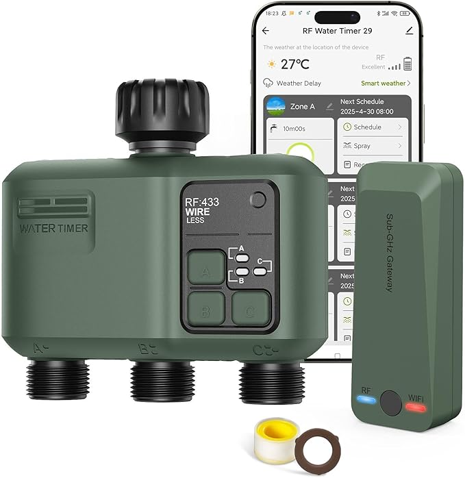 Smart Sprinkler Timer 3 Zone for Garden Hose, WiFi Water Timer with 984ft RF Range, Smart Lawn Watering System Irrigation Controller, APP/Voice Control, Rain Delay, Automatic/Manual Irrigation