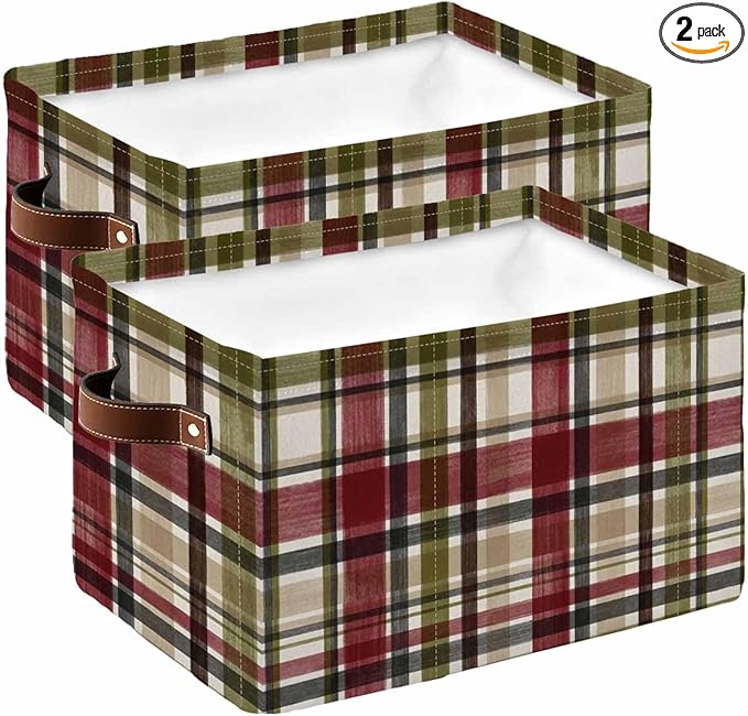 Buffalo Check Storage Bins Cubes Waterproof Cloth Storage Basket, Red Green Farmhouse Plaid Vintage Autumn Foldable Storage Bags for Shelf Closet Clothes Organizers with Handles 15x11x9.5 in 2PCS