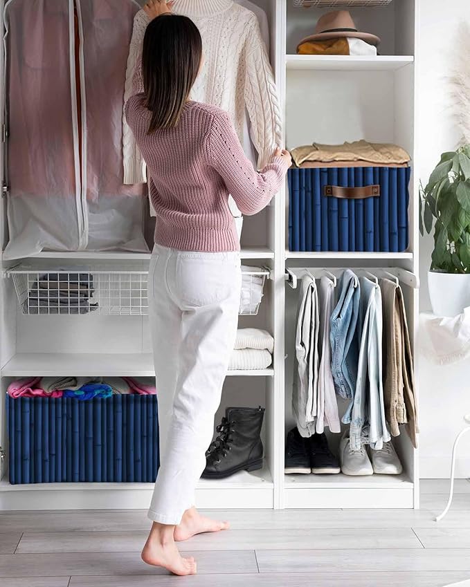 Dark Blue Storage Bins Cubes Waterproof Cloth Storage Basket, Retro Farmhouse Plants Wall Lines Texture Foldable Storage Bags for Shelf Clothes Storages Organizers with Handles 15x11x9.5 in 1PCS