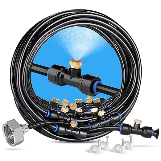 homenote Misting Cooling System 59FT (18M) Misting Line + 20 Brass Mist Nozzles + Brass Adapter(3/4") Outdoor Mister for Patio Backyard Garden Greenhouse Watering