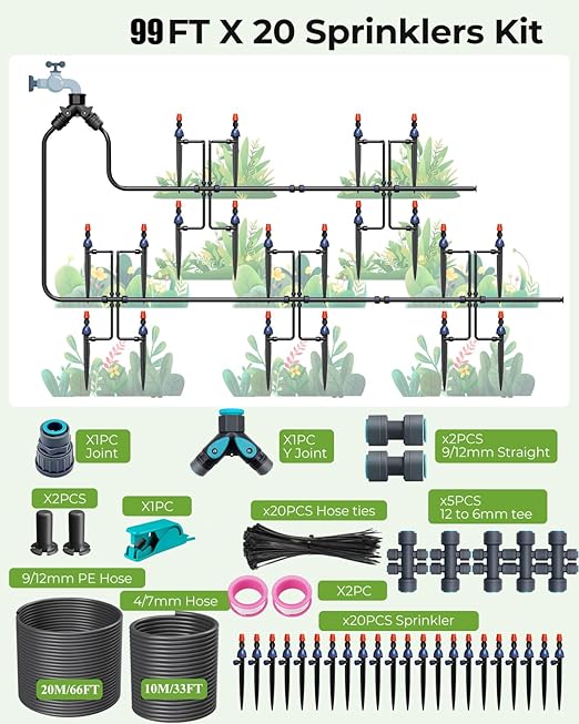 MYMULIKE 99FT Drip Irrigation System, 1/2" Main Pipe & 1/4" Branch Pipe, Adjustable Drip Emitters, Automatic Irrigation Kit Garden Watering System for Flower Bed, Raised Beds, Lawn, Greenhouses