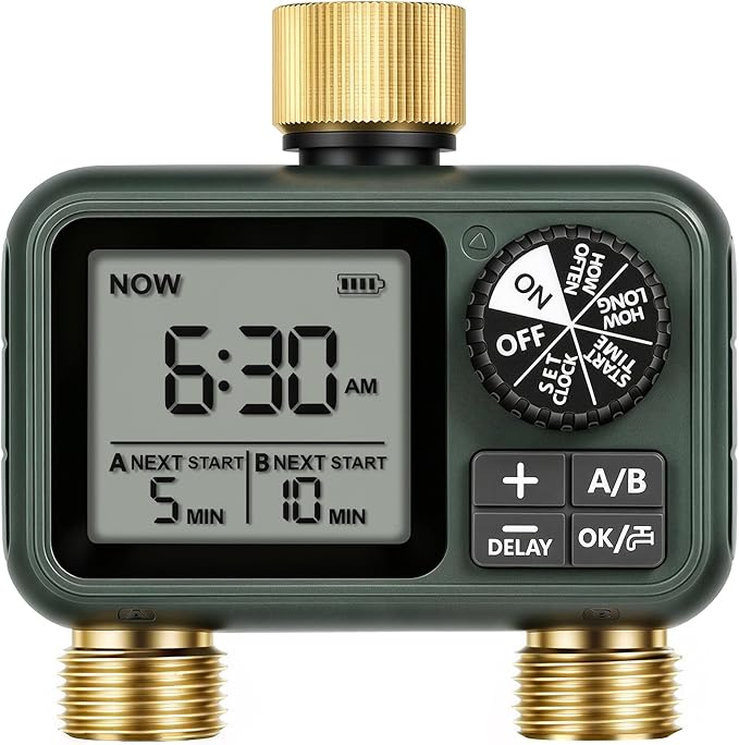 Brass Sprinkler Timer with Swivel, Programmable Water Timer for Garden Hose with Auto/Manual/Rain Delay Watering, Digital Irrigation System Kit,for Garden, Yard, Lawn 2 Outlet F12WT06
