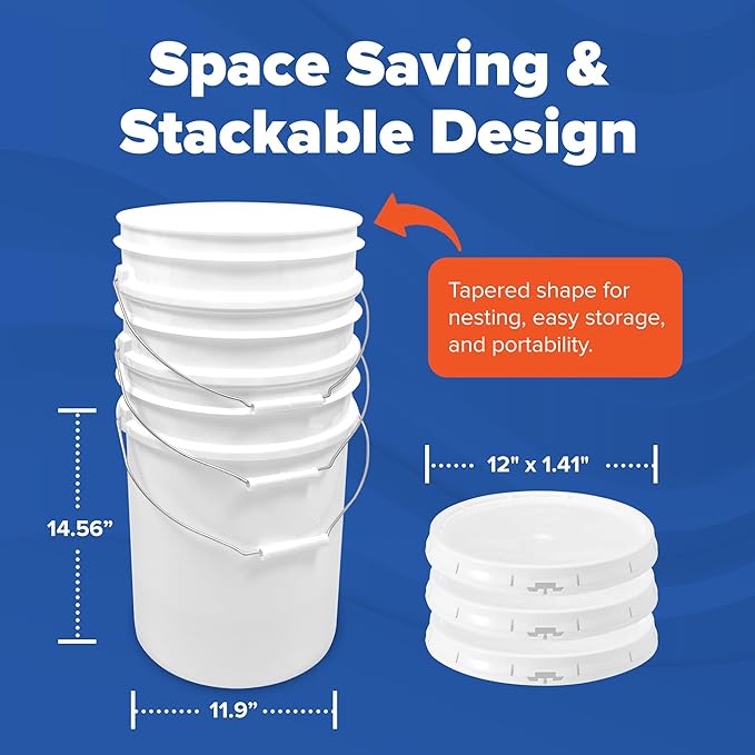 ePackageSupply 5 Gallon Bucket - Food Grade Bucket with Airtight Gasketed Tear Strip Lid, BPA-Free, Heavy-Duty 90 Mil HDPE Plastic Pail, Bulk Storage, Durable Container, Made in USA - White, 24 Packs