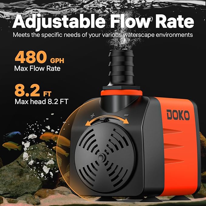 DOKO 480GPH Submersible Water Pump, Fountain Water Pump with 6FT Power Cord and 3 Nozzles, 35W, Ultra Quiet Pond Pumps for Pond Aquarium Fountain Waterfall Fish Tank Hydroponic Statuary