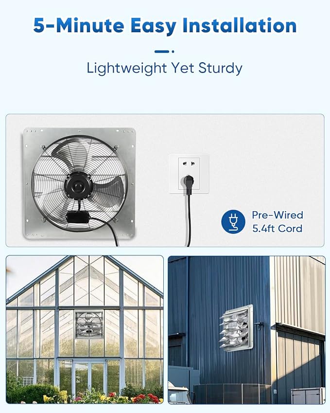 KEN BROWN 20 Inch Shutter Exhaust Fan With 1.65 Meters Power Cord Wall Mounted, High Speed 3500CFM, Vent Fan For Garages And Shops, Greenhouse,Attic Ventilation