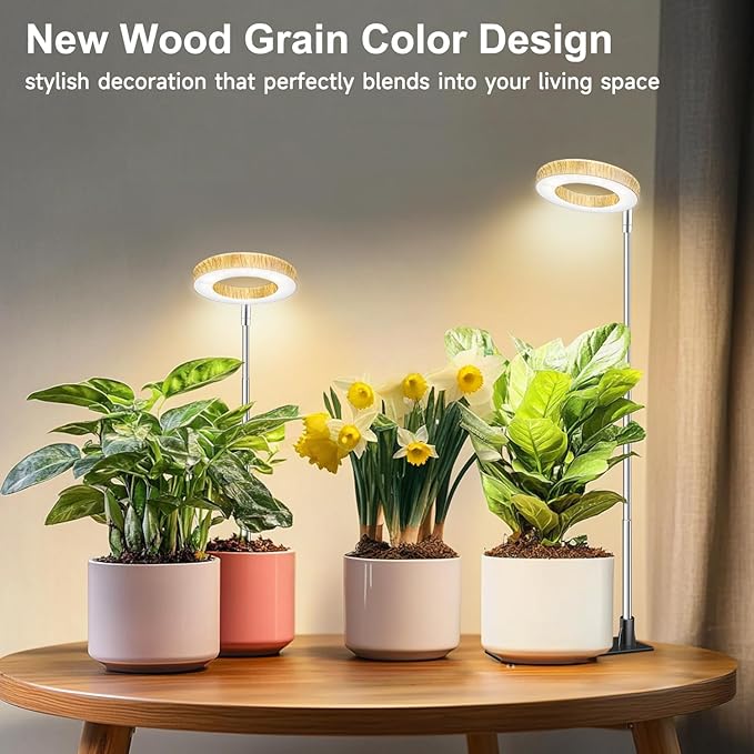 Aokrean Plant Grow Light, 48 LEDs Full Spectrum Grow Lights for Indoor Plants, Height Adjustable Faux Wood Grain Small Grow Light with Base, 3 Optional Spectrums, Auto Timer 6/12/16Hrs, 5 Brightness