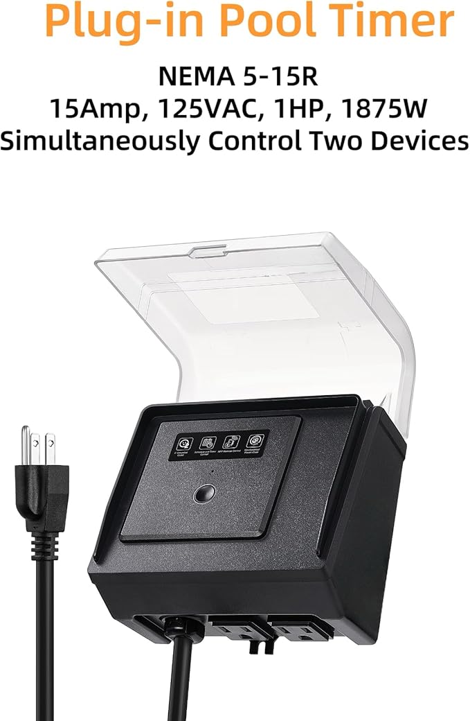 WiFi Pool Pump Timer Outlet, 15A 125V 1HP,NEMA 5-15R Plug-in Timer, Outdoor& Indoor use,with Weatherproof Cover, for Pool Pump, Water Heater, Pool Filter, Landscape Lights