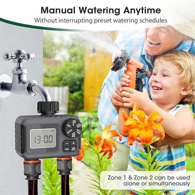 ERICAT 2 Zone Sprinkler Timer Automatic Irrigation Water Timer, Programmable Garden Hose Water-Saving Irrigation Controller with Digital Display and Electronic Lock, Stable Operation, for Yard