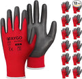 KAYGO Work Gloves for Men and Women, 12 Pairs Seamless Knit PU Coated Safety Gloves, with Smooth Grip on Palm and Fingers, Ideal for Light Warehouse, Manufacturing, Gardening, KG11P (XL, Red)