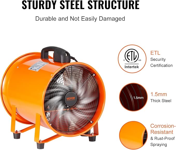 VEVOR Air Mover Blower Fan 8 Inch, 1070CFM 195W with 33ft Flexible Duct, Industrial Portable Ventilator Blower/Exhaust, Orange