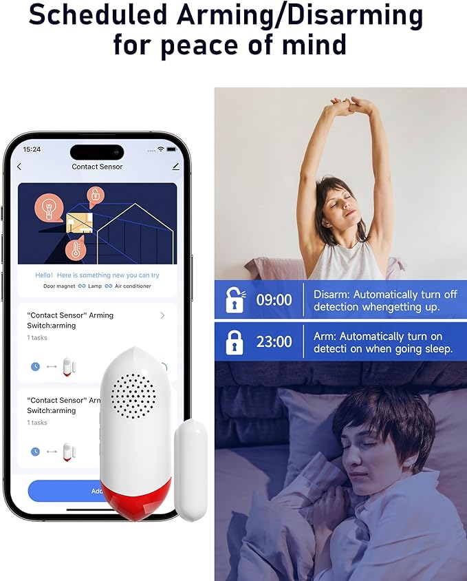 PILSAMAS Smart WiFi Freezer Refrigerator Door Alarm with APP Alerts, No Subscription Fee, 0-60s Delay, Scheduled Arm/Disarm, 0-120dB Adjustable Siren with Light for Fridge/Home/Commercial