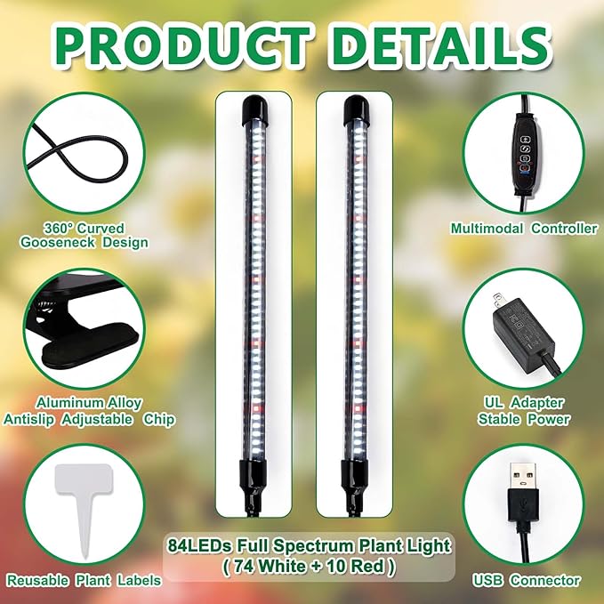 Full Spectrum 84 LED Grow Light for Indoor Plants, 6500K Plant Light with 4/8/12/18H Timer, 10 Dimmable Levels & 3 Modes, Clip-On with UL Adapter & 8.2FT Long Cord