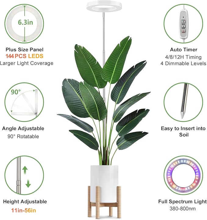 LBW Plant Grow Light, 72 LEDs Full Spectrum Grow Lights for Indoor Plants, Large Plant Lamp with 4 Dimmable Levels, 4/8/12H Auto Timer, Height Adjustable, Halo Growing Lamp for Tall Plants, 2 Pack