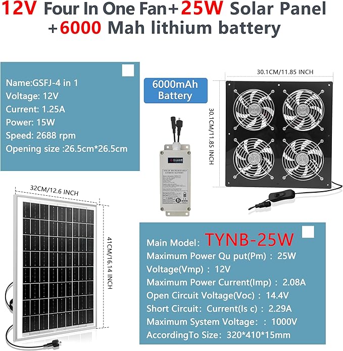 HNRLOY Solar Exhaust Fan for Greenhouse, Solar Chicken Coop Fan with 25W Solar Panel & 4 Pcs High-Speed Brushless DC Ventilation Fans for Shed,Attics,Barns,Dog Houses with 6000mAh Battery