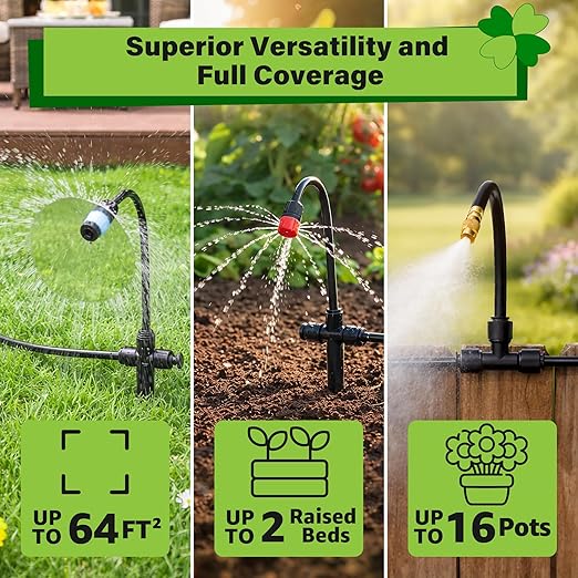MIXC 2026-Upgrade 360° Adjustable Drip Irrigation System Kit, 200FT Bendable Watering Misting System with 3 Spray Nozzle Types, 1/2"(50FT) & 1/4"(150FT) Tubing for Garden Raised Bed Lawn & Greenhouse