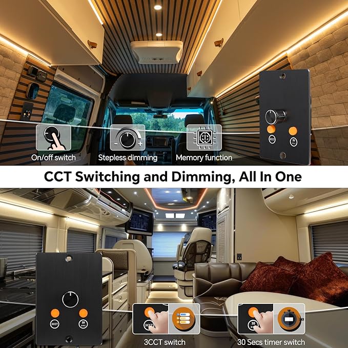 3CCT Flexible 16.4ft LED Strip Light with 12V CCT Switchable Dimmer Kit for Camper Vans, Trucks & Trailers Indoor. CCT Changeable(3000K/4500K/6000K) & Brightness Control DC12V, 10A