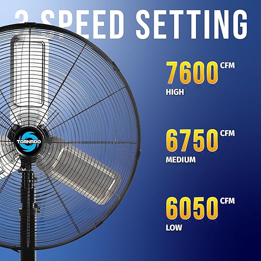 Tornado 24 Inch High Velocity Oscillating Metal Pedestal Fan Commercial, Industrial Use 3 Speed 7600 CFM 1/4 HP 6.6 FT Cord UL Safety Listed