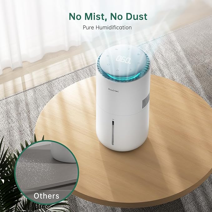 Provirtec MistFree Smart Humidifier for Bedroom, Evaporative Humidifier No White Dust, Auto Humidity & APP Control, 3L Water Tank Easy to Clean, Sleep Mode, Timing, Humidifiers for Home/Office(White)