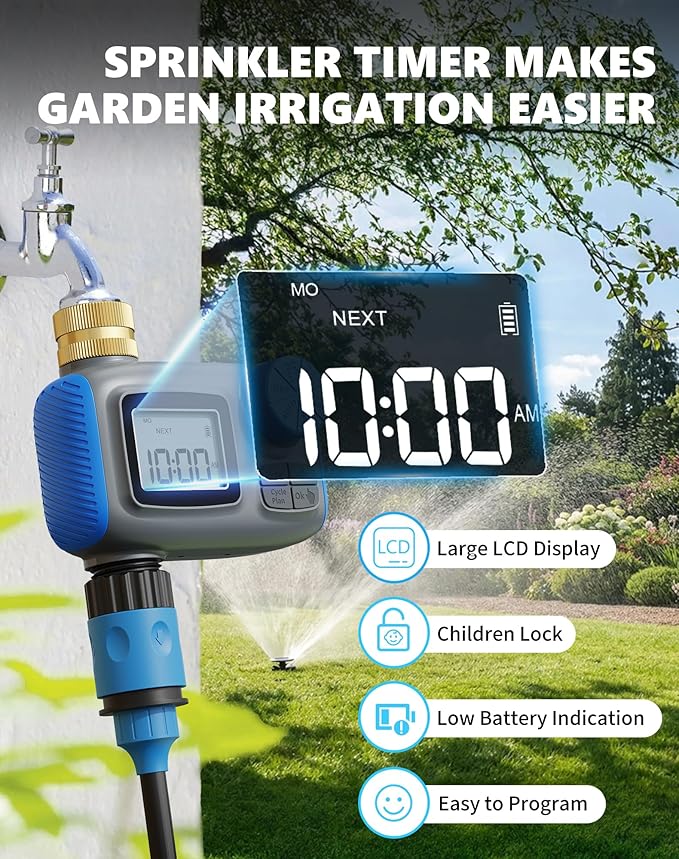 Sprinkler Timer with Brass Swivel, Hose Timers for Watering, Water Timer for Garden Hose, Digital Irrigation with Rain Delay & Manual Mode, Automatic Watering System for Outdoor Garden Lawn
