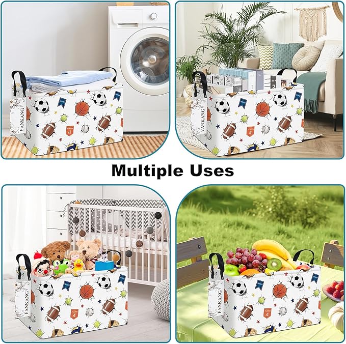 FANKANG Storage Bins,Nursery Hamper Canvas Laundry Basket Foldable with Waterproof PE Coating Storage Baskets for Boys and Girls, Office, Bedroom, Clothes,Toys(Rec-3D Sports Balls ）