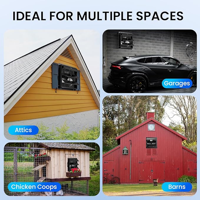 10" Wall Mounted Shutter Exhaust Fan, Attic Fan with Thermostat Humidity Controller, 10-Speed Adjustable, 820 CFM, Automatic Shutter, Vent Fan for Greenhouses, Garages, Shop, Chicken Coops