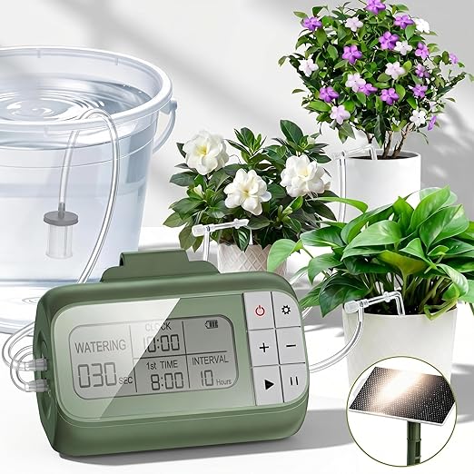 Solar Drip Irrigation System Timed Watering, Programmable Solar Water Drip for 15 Plants, Drip Irrigation Kit with 33FT 1/4'' Tube, 15x Tee Fitting, 15x Flow Valve, 15x Drip Stake(Solar Powered)