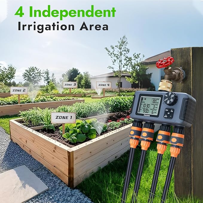 Insoma Water Timer with Brass Inlet, 4 Independent Zones Outdoor Hose Timer for Garden Faucet with Auto/Manual/Rain Delay Mode, IPX5 Waterproof, Sprinkler Irrigation Controller for Yard Lawn