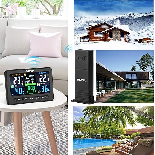 Wireless Weather Station with Outdoor Remote Sensor Indoor/Out Temperature and Humidity Alarm Clock Calendar Weather Forecaster with Color LCD Display