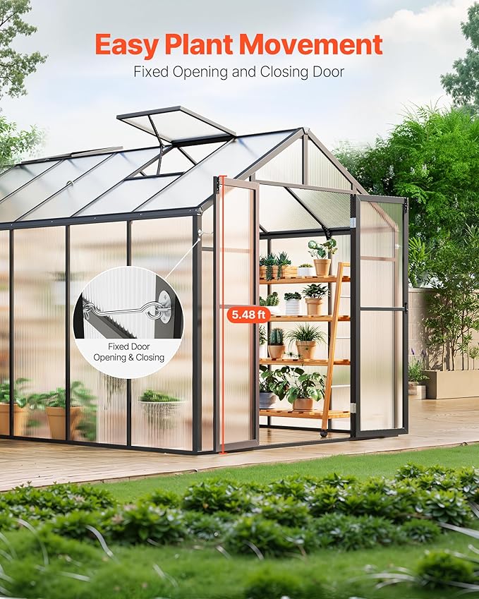 VEVOR Polycarbonate Greenhouse, 8 x 12 Ft, Outdoor Greenhouse with 2 Vent Windows, Pavilion Styled with Hinged Door, Aluminum Large Walk-in Greenhouse Kit for Outside Garden Backyard