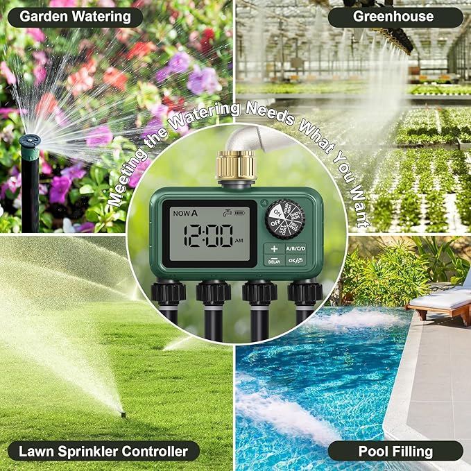 4 Zones Brass Inlet Water Timer for Outdoor Garden Hose, Sprinkler Timer for Garden Faucet with Auto/Manual/Rain Delay Mode, Sprinkler Irrigation Controller for Yard Lawn