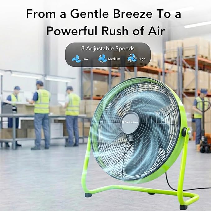 Comfort Zone 20-Inch High-Velocity Industrial Floor Fan, Heavy-Duty 3-Speed Metal Shop Fan with 180° Adjustable Tilt & Carry Handle, Quiet Vibration-Free Cooling for Garage, Workshop, & Home