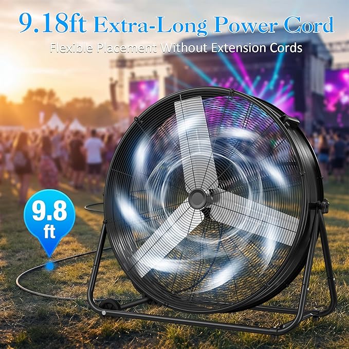 LifePlus 36" Industrial Drum Fan, 21800 CFM 600W High Velocity 3-Speed Heavy Duty Metal Air Circulator with 360° Tilt, Casters Handle for Warehouse Factory workshops Patios Garage, Black