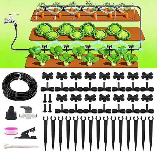 50FT Drip Irrigation System Kit Automatic Garden Watering System with 1/4" Drip Tubing & Quick Connect Fittings Adjustable Mist and Linear Columnar Modes for Greenhouse, Raised Garden Beds, Lawn, Yard