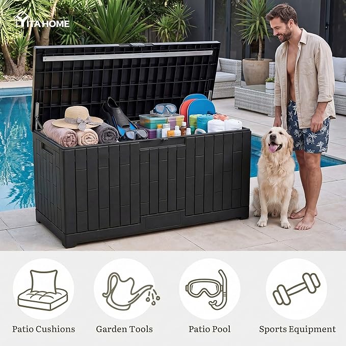 YITAHOME Large Outdoor Storage Box, 120 Gallon Waterproof Resin Deck Box with Slide-Locking Lid, Patio Storage Bin and Bench Seat for Garden Tools, Cushions & Pool Supplies, Easy Assembly, Black