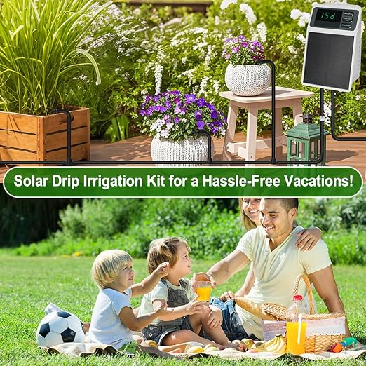 Solar Automatic Drip Irrigation System Kit Anti-Siphoning For 10 Potted Plants DIY Automatic Timing Watering for 15 Days Waterproof with Digital Display Auto Plant Waterer Outdoor Indoor Balcony Patio