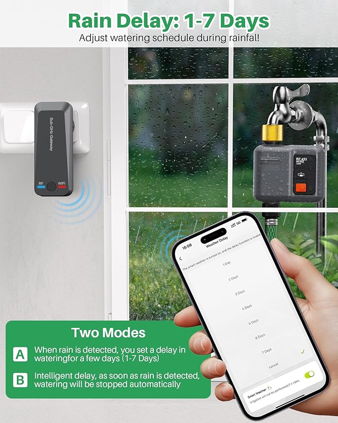WiFi Sprinkler Timer 1 Zone with 984 Feet RF Gateway, 1 Outlet Dark Gray-Brass Inlet Smart Water Timer for Garden Hose with Rain Delay/Manual/Automatic,WiFi Water Timers for Garden