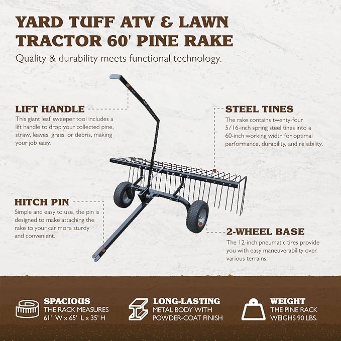 Yard Tuff Pine Straw Rake, Steel Lawn Sweeper with 24 Spring Tines, 60-Inch - Leaf Collector Attachment with Pin Hitch for ATV, UTV or Utility Tractor
