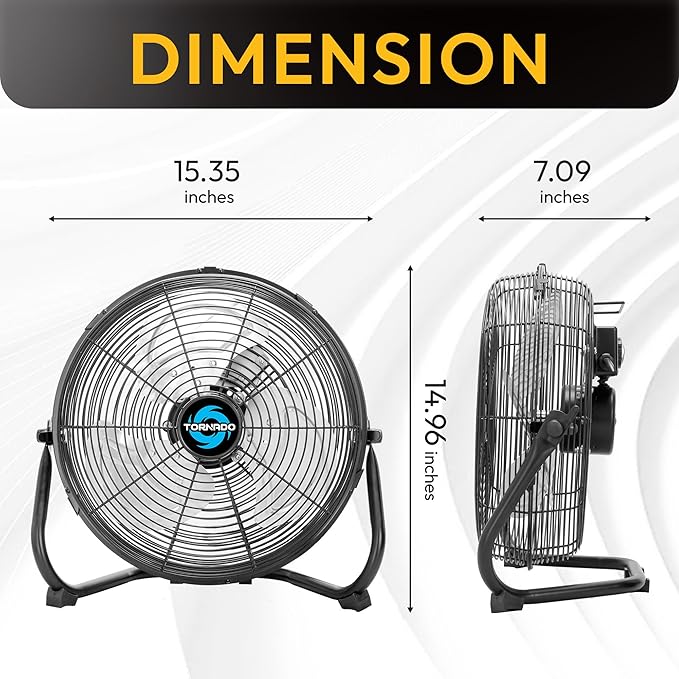 Tornado 12 Inch High Velocity Industrial Floor Fan, 3-Speed Heavy-Duty Metal Fan, 120° Tilting Head, 6.0 FT Power Cord for Workshop, Warehouse, Garage, Home Use, Black