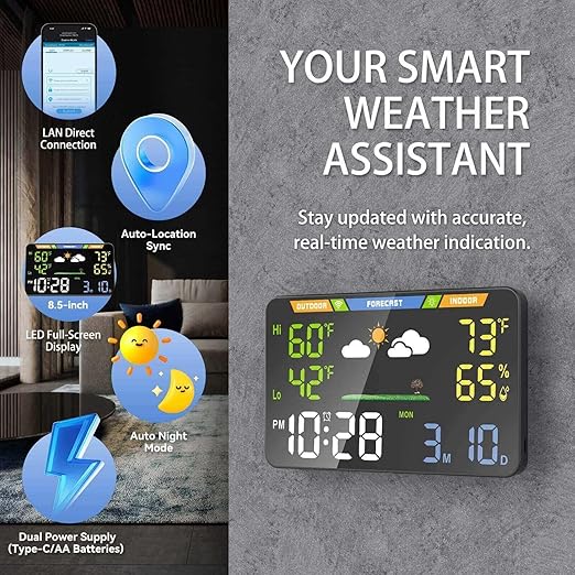 EnvyBox WiFi Weather Station 8.5" LED Display | Privacy-Focused, No App Required, Syncs Weather & Time for Home/Office | Accurate Weather Data, Dual Power Options, Black