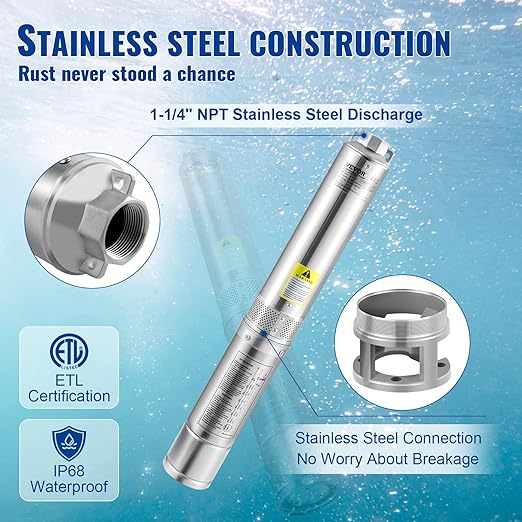 VEVOR Deep Well Submersible Pump, 2HP/1500W 230V/60Hz, 37GPM Flow 427 ft Head, with 33 ft Electric Cord, 4 inch Stainless Steel Water Pumps for Industrial, Irrigation & Home Use, IP68 Waterproof Grade