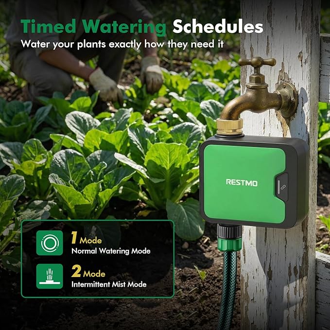 RESTMO Smart WiFi Water Timer for Garden Hose, Sprinkler Timer with APP Control & Brass Inlet, Rain Delay/Manual/Automatic Watering System, Quantity or Timed Irrigation Modes for Misting, Garden