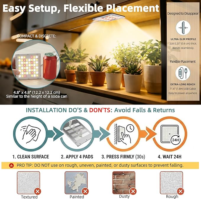 Under Shelf Grow Light, USB Powered Adhesive Stick On LED Under Cabinet Puck Light with Timer, Full Spectrum High PPFD Small Plant Light for Shelves, Indoor Plants, Terrarium, Display Case (3500K)