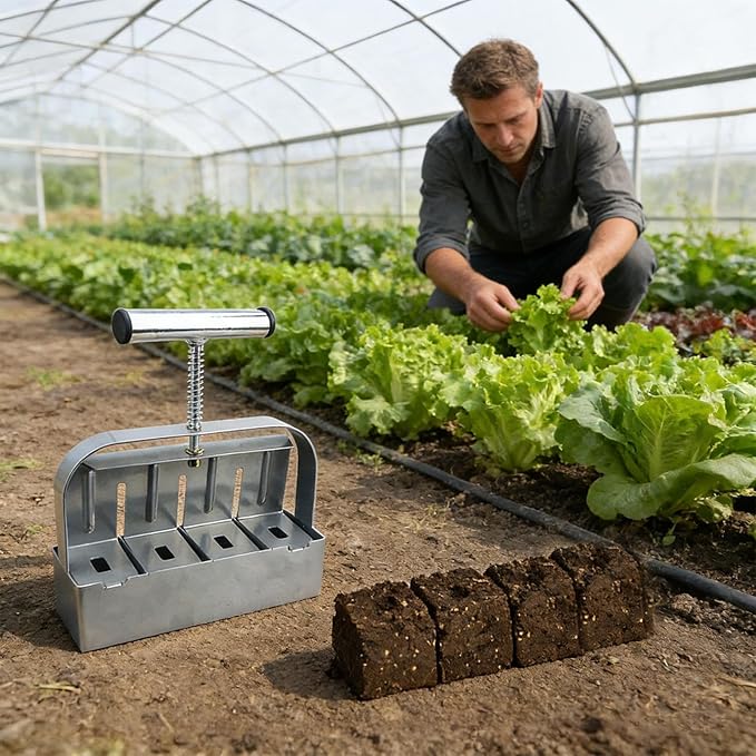 Soil Blocking Tool - Manual 4 Cell Steel Compactor, Ergonomic Non Slip Handle Block Former | 2 Inch Seed Starter Handheld Press Device, Heavy Duty Gardening Equipment for Transplanting Cutting