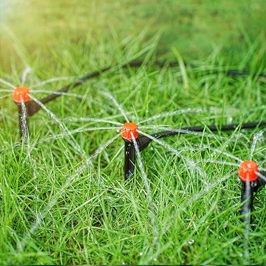 26pcs Drip Emitters for 1/4" Irrigation Tubing, Easy Connect Adjustable 360 Degree Water Flow Irrigation Sprayer On 5" Stake for 4/7mm Tube Locked Irrigation Drippers for Garden Flower Plant