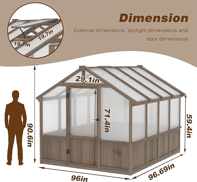 Yardenaler 8x8 FT Greenhouse Kit for Outdoor, 6MM Thick Polycarbonate Panel Wooden Walk-in Green House with Lockable Door and Adjustable Roof Vent, Backyard Garden, Light Mocha Brown