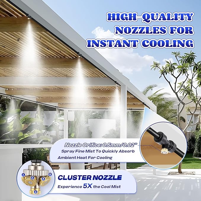 Moongiantgo Outdoor Misting Cooling System with Pump Kit-82ft Misting System pipe+24 Brass Mist Nozzles 0.02’’+Cluster Body+3/4’’ Adapter-Mister for Outside Patio Backyard Garden Greenhouse Trampoline