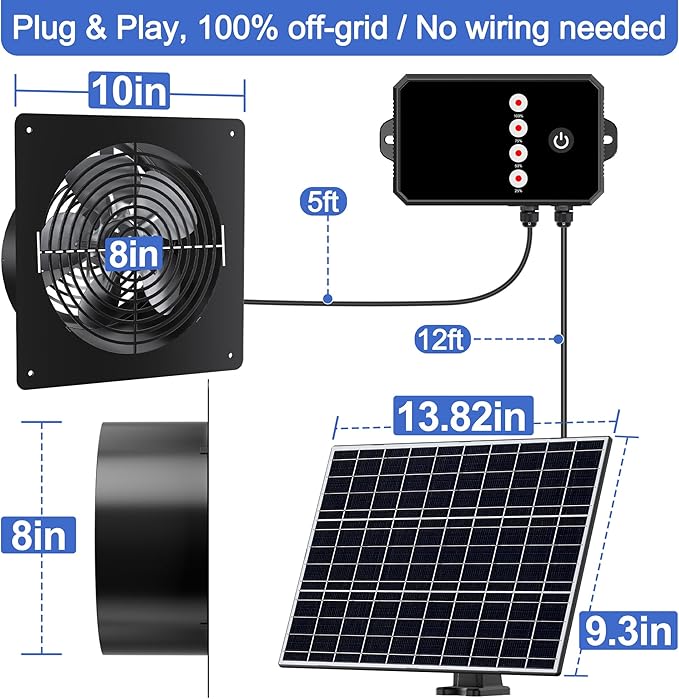 Solar Fan for Chicken Coop & Greenhouse, 6-Speed Reversible Airflow Vent System, Smart Wireless Remote & 17ft Cable