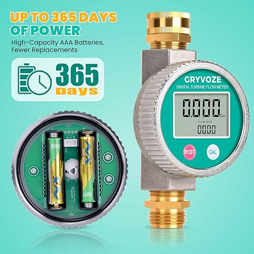 Metal Water Flow Meter, 3/4" GHT Garden Hose Flowmeter with Brass Thread and Large Screen for RV, Pool, House, Lawn Sprinkler and Outdoor Watering – Supports Gallon, Liter, GPM and LPM