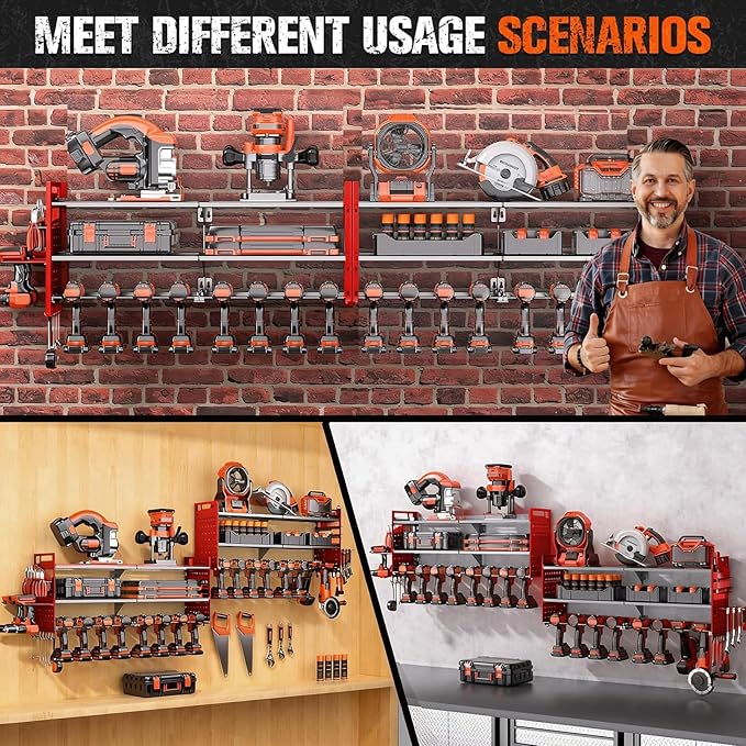 2-Pack Large Power Tool Organizer Wall Mount,Heavy Duty Cordless Tool Organizer with 18 Drill Holder,600 Lbs Capacity 3-Layer Garage Organization for Garage and Workshop (Red)
