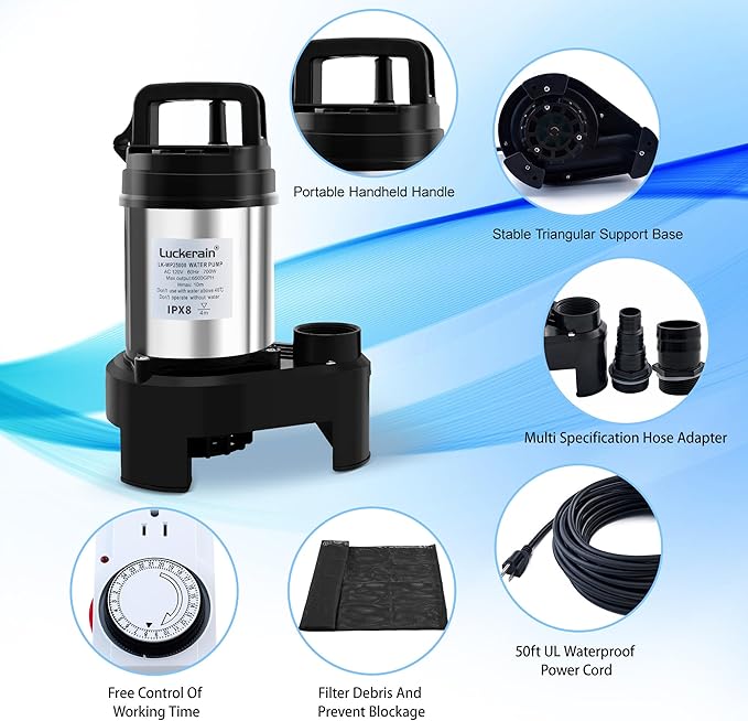 Sump Pump 1HP Stainless Steel Sewage Pump 6500 GPH Pond Pumps for Outdoor Ponds,Free Control Timer Submersible Pump for Pool,Sump Basin,Basement and Outdoor Drainage, 50ft Cord,2'' NPT Discharge